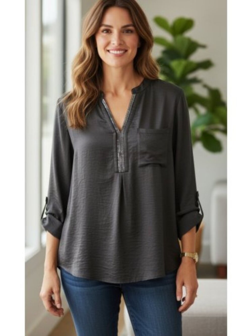 CREATION L Dark Gray Sequin Trim Adjustable Sleeve Top Ladies Size 14